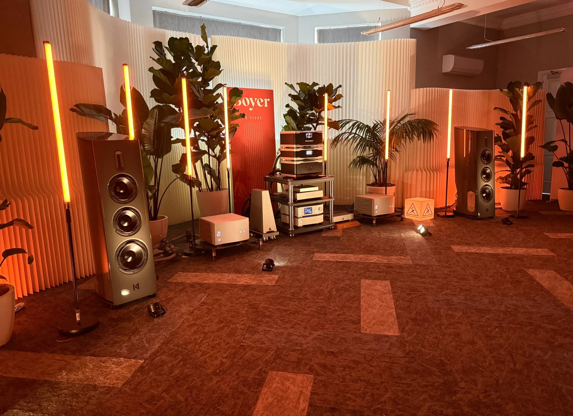 A red-lit display in the Boyer room at the Audio Show Deluxe.